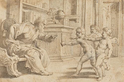 Putti Testing a Mans Perception of Depth 1613 Renaissance Print