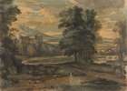 Landscape with Mountains, Castle, Trees and Lake Art Print