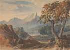 Landscape with Mountains, Lake Castle, Seated Figure in Foreground 1834 Art Print