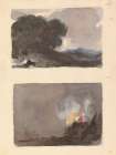 Landscape With Tree in Foreground and Mountains in Distance, Figure in interior Scene Art Print
