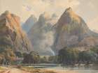 Mountain Scene with Stream, Cows and Figures Art Print