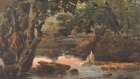 Two Figures in Stream, Bordered by Large Trees Art Print