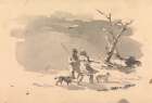 Two Hunters and Two Dogs in Winter Scene Art Print