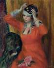 Girl in Red Dress Pinning on Hat ca 1915 Art Print