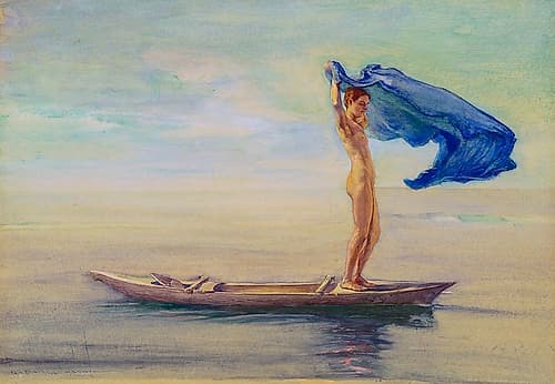 Girl in Bow of Canoe Spreading Out Her Loin-Cloth for a Sail, Samoa 1895 Watercolor Print