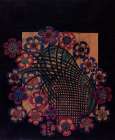 Blue and Pink Tobacco Flowers on a Green Lattice Art Print