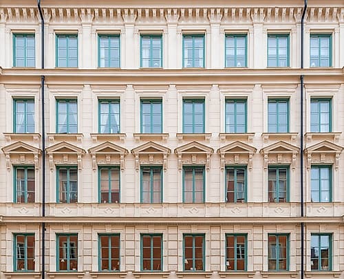 Stockholm Facade Teal Windows Art Print