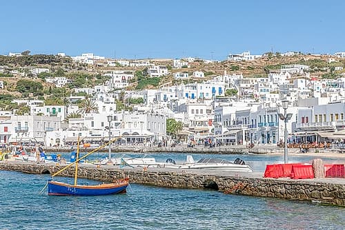Mykonos Harbor with Fishing Boat I Art Print