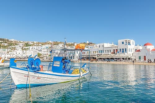Mykonos Harbor with Fishing Boat II Art Print