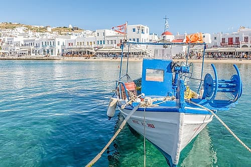 Mykonos Harbor with Fishing Boat III Art Print