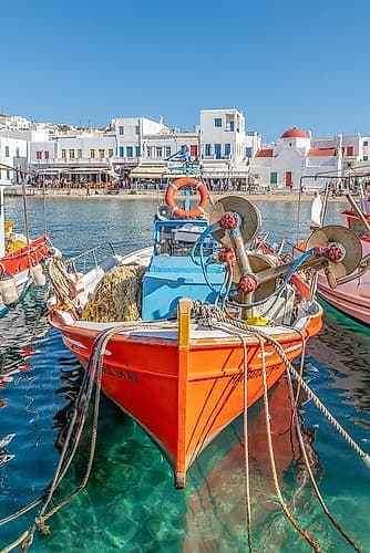 Mykonos Harbor Orange Fishing Boat Art Print