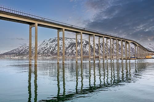 Fjord Bridge over Still Water Art Print