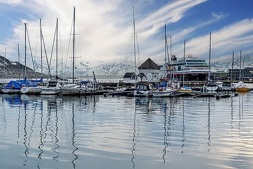 Marina with Snowcapped Mountains Art Print