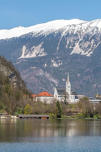 Lake Bled Church and Mountains Art Print