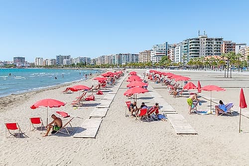Albanian Beach with Red Umbrellas Art Print