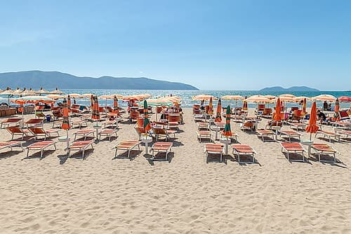 Albanian Beach with Orange Umbrellas Art Print