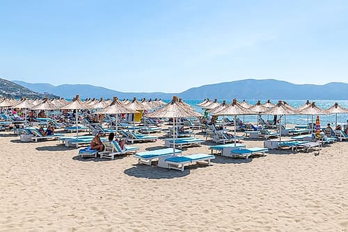 Albanian Coast Thatched Umbrellas Art Print