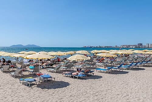 Albanian Beach with Yellow Umbrellas Art Print