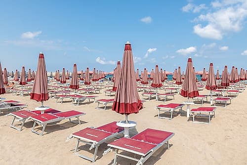 Red Striped Umbrella Rows Art Print