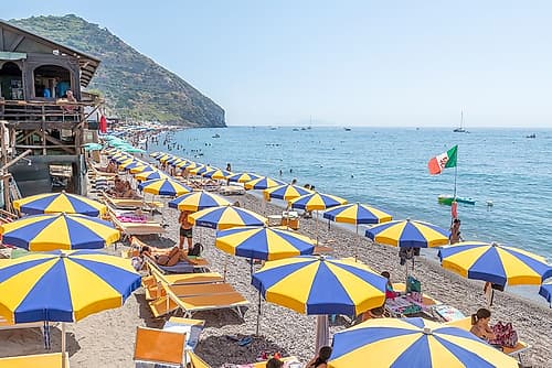 Amalfi Coast Blue and Yellow Umbrellas Art Print