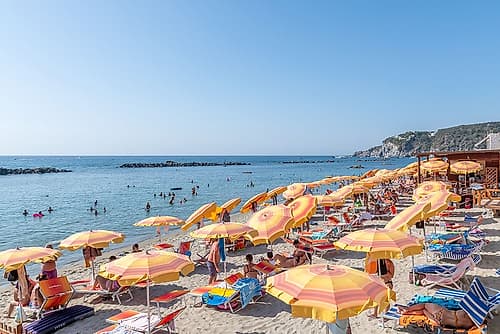 Italian Coast Orange Umbrellas Art Print