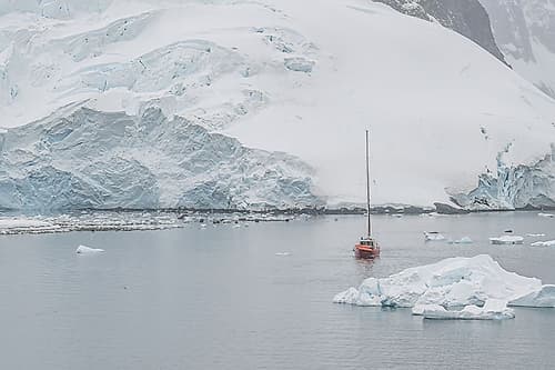 Red Sailboat Near Glacier Wall Art Print