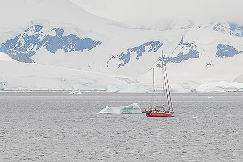 Red Sailboat Blue Glacier Mountains Art Print