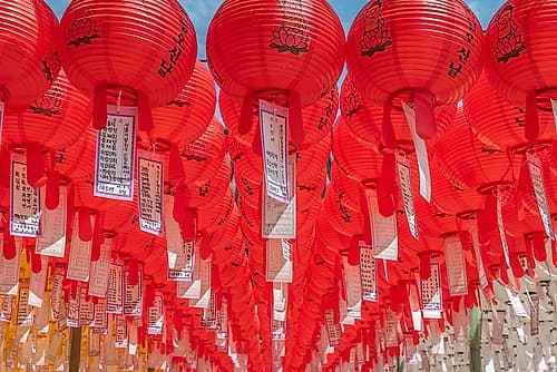 Red Paper Lanterns with Prayer Tags Art Print
