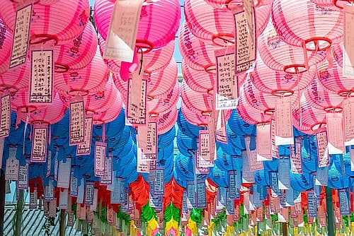 Pink and Blue Temple Lanterns Art Print