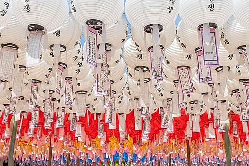 White Lanterns with Red Streamers Art Print