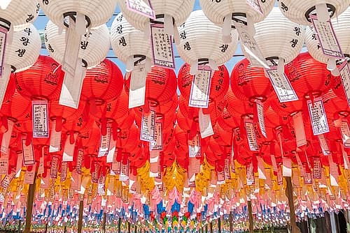 White and Red Lantern Rows Art Print