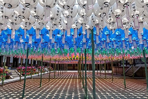 Temple Walkway Silver and Blue Lanterns Art Print