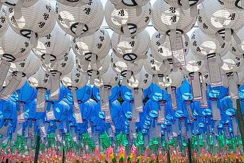 White and Blue Tiered Lanterns Art Print