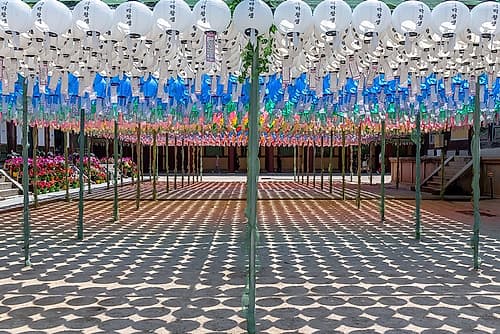 Symmetrical Temple Courtyard Lanterns Art Print