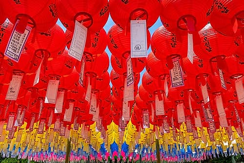 Red Lanterns Yellow Tiers Below Art Print