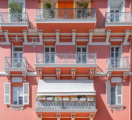 Nice French Riviera Coral Facade Striped Awnings Classique reproduction