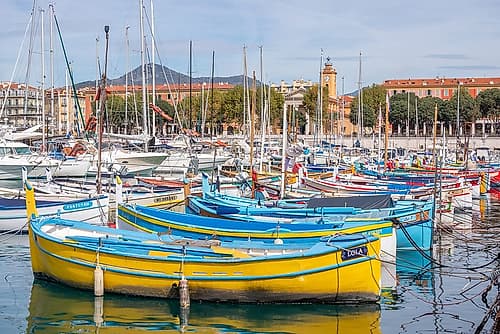 Port Lympia Nice Boats with Church Tower Art Print