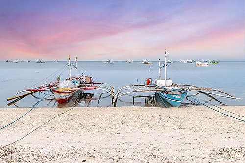 Bangka Boats Tied at Sunset on Beach, Philippines, Southeast Asia Art Print by Richard Silver