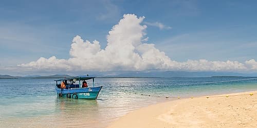 Small Boat with Passengers in Turquoise Water, Philippines Art Print