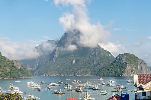 El Nido Harbor with Limestone Mountain, Palawan, Philippines Art Print