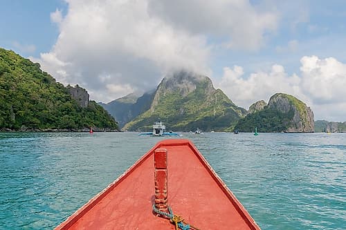 Boats Bow Approaching Limestone Islands, El Nido, Palawan, Philippines Art Print