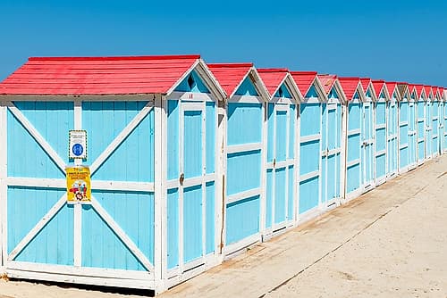 Colorful Beach Cabanas in a Row, Palermo, Sicily, Italy Art Print