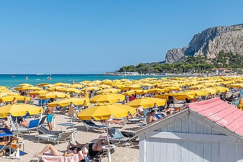 Mondello Beach with Yellow Umbrellas, Palermo, Sicily, Italy Art Print
