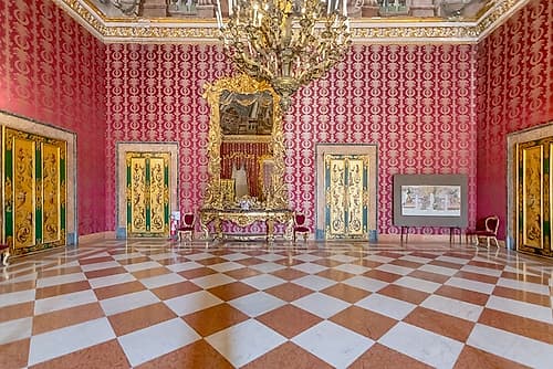 Grand Chandelier in Royal Palace Hall, Naples, Italy Art Print