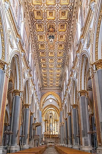 Gothic Cathedral Nave with Gilded Ceiling, Naples, Italy Gothic Print