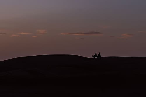 Silhouette of Camel Riders at Dusk, Sahara Desert, Morocco Art Print by Richard Silver