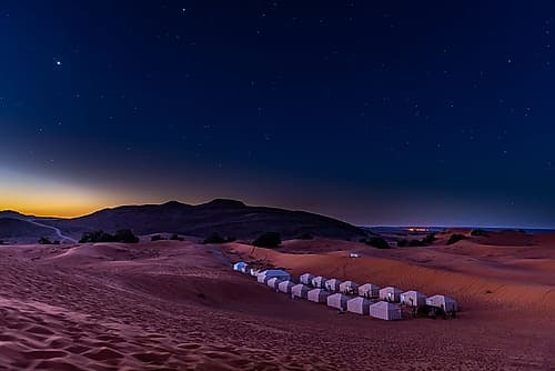 Desert Glamping Camp Under Starry Sky, Sahara Desert, Morocco Art Print