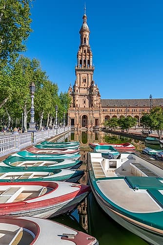 Plaza de Espana with Rowboats and Tower, Seville, Spain Art Print