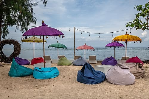 Colorful Beach Umbrellas and Bean Bags, Gili Islands, Indonesia Art Print