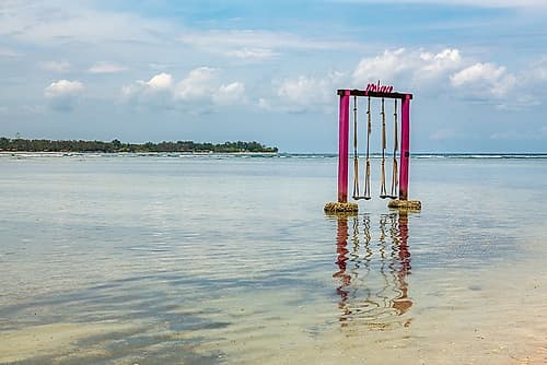 Pink Swing Frame in Ocean Water, Gili Islands, Indonesia Art Print